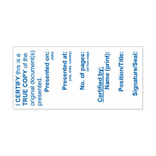 Zertifizierte True Copy-Briefmarke (blau) Permastempel