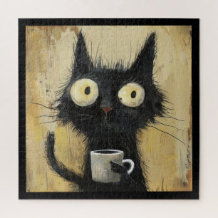Zerzaustes schwarzes Katze mit Kaffee auf grungige