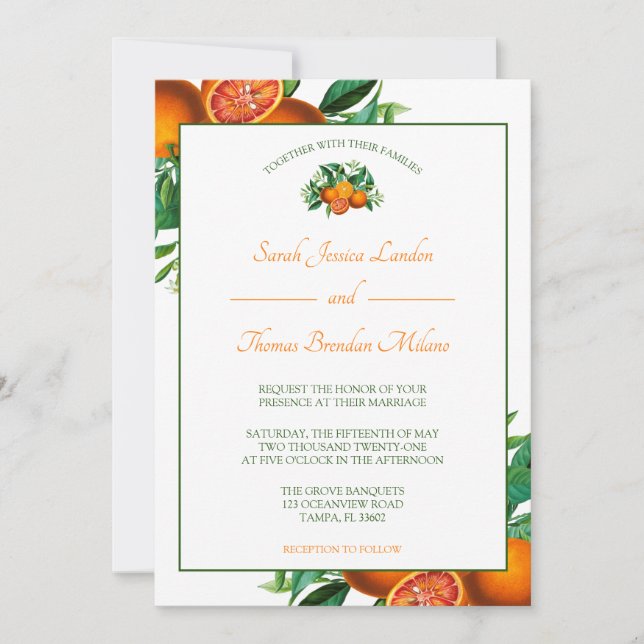 Zesty Citrus Orange Dream Wedding Einladung (Vorderseite)