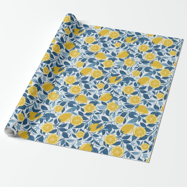 Zesty Lemon Garden - Hellgelb und blau Geschenkpapier (Ungerollt)