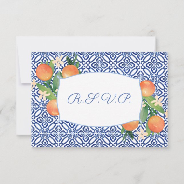 Zesty Orange Blue Tiles Wedding Meetings Options U RSVP Karte (Vorderseite)