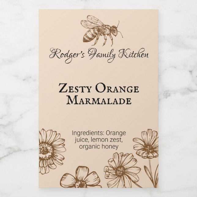 Zesty Orange Marmalade Floral Honey Bee Étiquette  (Étiquettes simples)