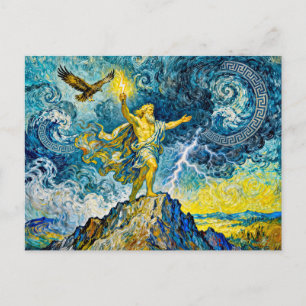 Zeus auf stürmischen Felsen mit Blitz und Adler Postkarte