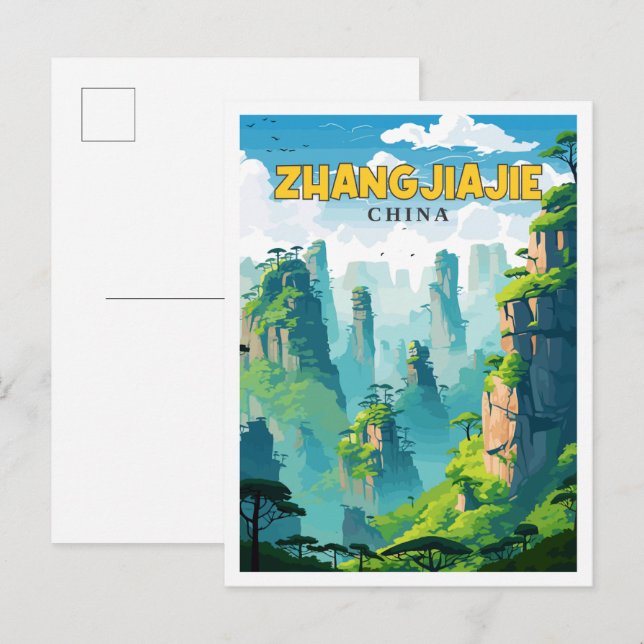Zhangjiajie China Vintage Reise Illustration Postkarte (Vorne/Hinten)