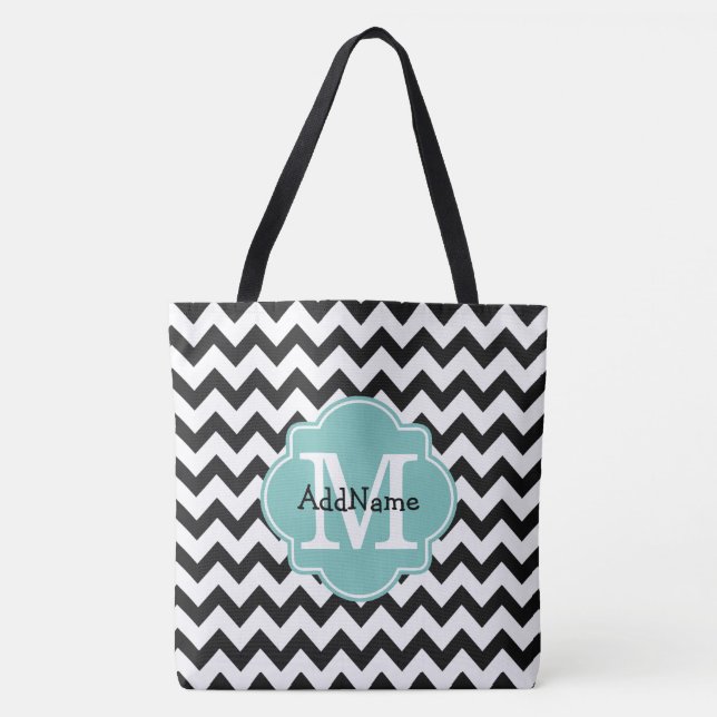 Zickzack Aqua-Monogramm und Personalisierter Name Tasche (Vorderseite)