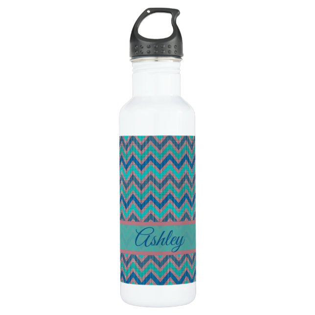 Zickzack blaue Töne Edelstahlflasche (Vorderseite)