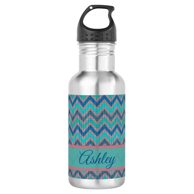 Zickzack blaue Töne Edelstahlflasche (Vorderseite)
