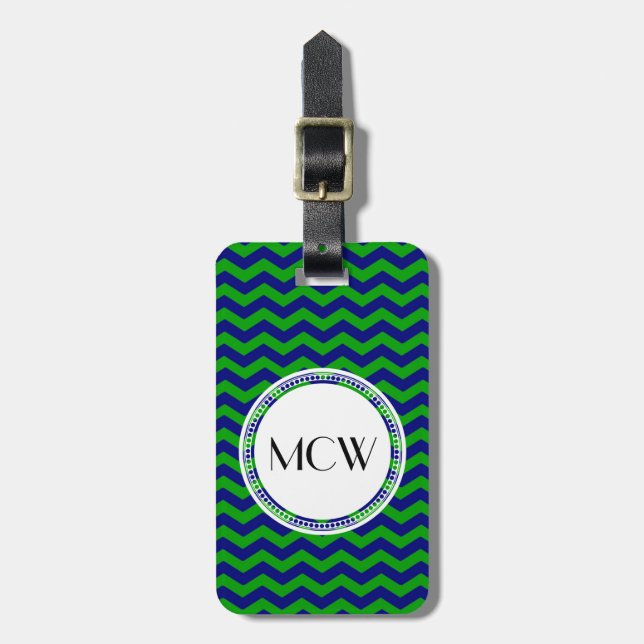 Zickzack blaue und grüne Monogramm Personalisiert Gepäckanhänger (Vorderseite vertikal)