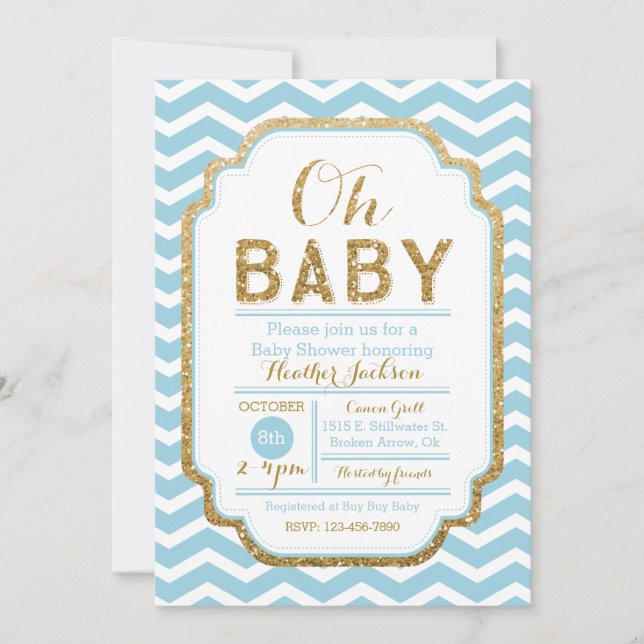 Zickzack Blue and Gold Boy Baby Dusche Einladung (Vorderseite)