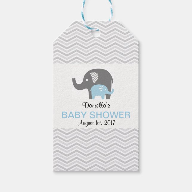 Zickzack Blue Elephant Baby Showmarke Geschenkanhänger (Vorderseite)