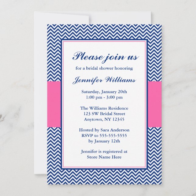 Zickzack Brautparty in Navy Blue und Pink Einladung (Vorderseite)