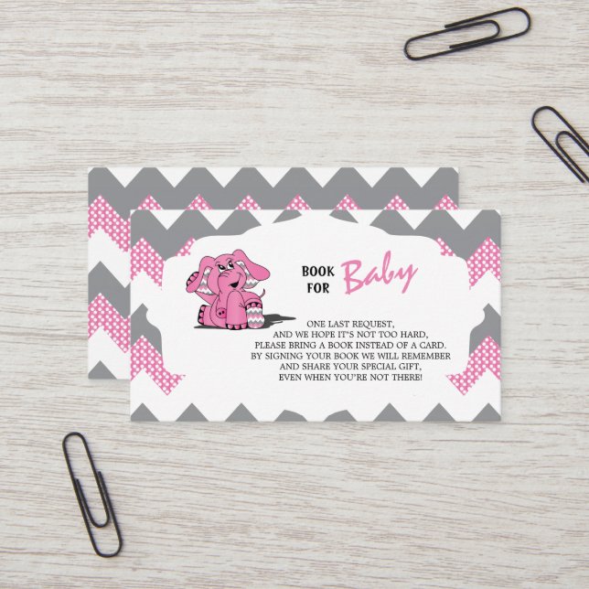 Zickzack Elefant in Rosa und Grau | Buch mitbringe Visitenkarte (Vorderseite/Rückseite Beispiel)