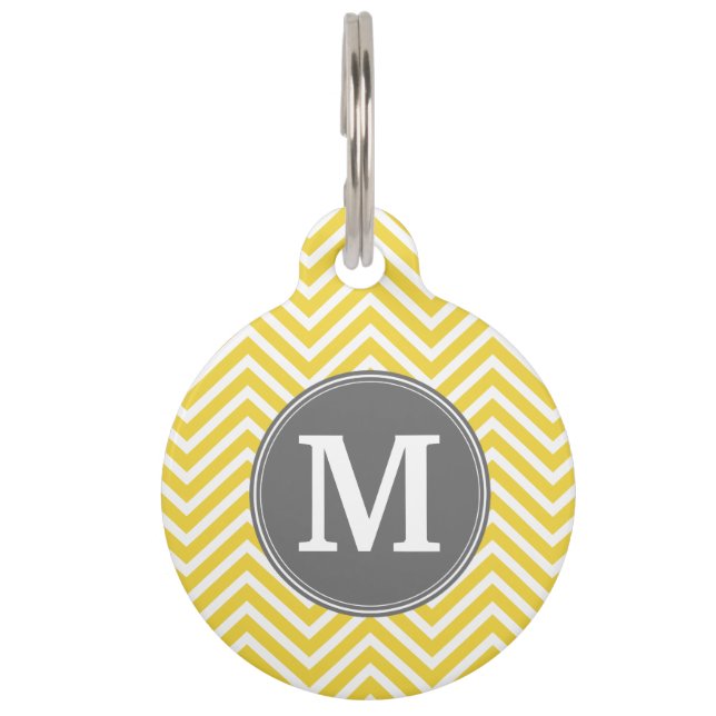 Zickzack gelbes und graues Muster mit Monogramm Tiernamensmarke (Vorderseite)