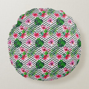 Zickzack geometrischer Sommer tropischer Flora Rundes Kissen