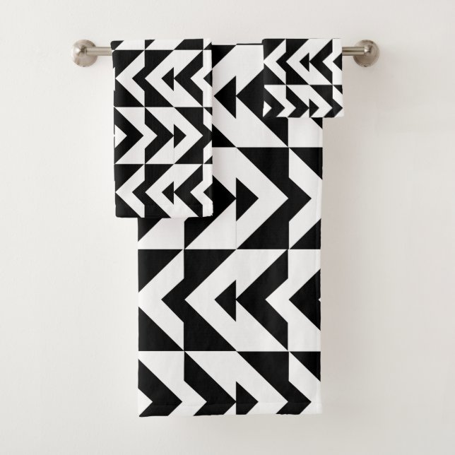 Zickzack geometrisches Schwarz-Weiß-Muster Badhandtuch Set (Insitu)