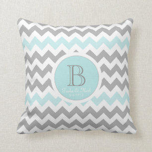 Zickzack graues Aqua-Monogramm-Hochzeitskissen Kissen