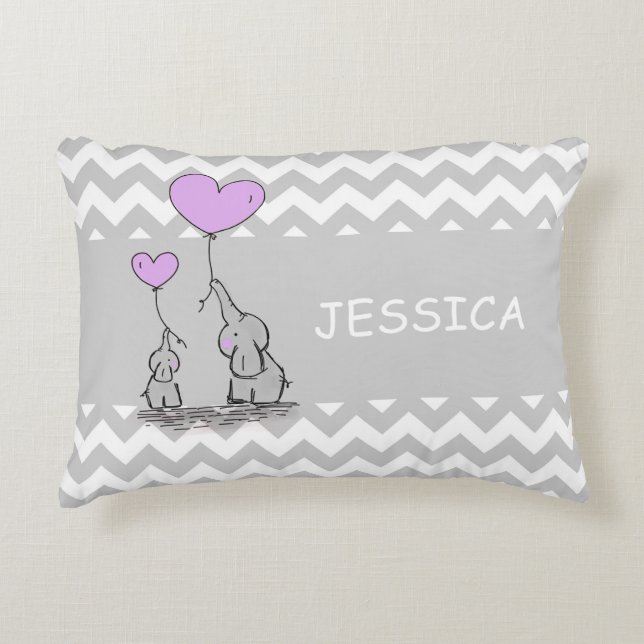 Zickzack Graues Weiß LAVENDER Mädchen Elefant Herz Dekokissen (Vorderseite)