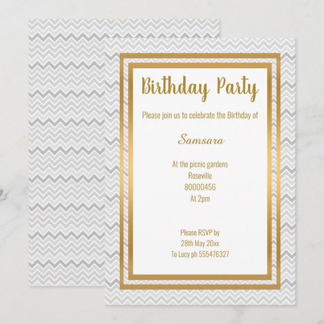 ZICKZACK GRAY LAYER GOLD JEDEN ANLASS GEBURTSTAG EINLADUNG (Vorne/Hinten)