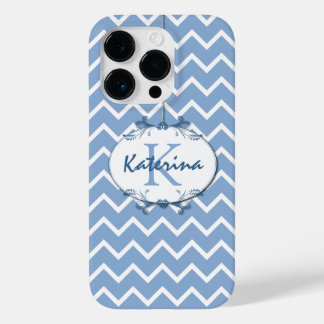 Zickzack in Polo Blau und Weiß mit Blumenrahmen Case-Mate iPhone 14 Pro Hülle