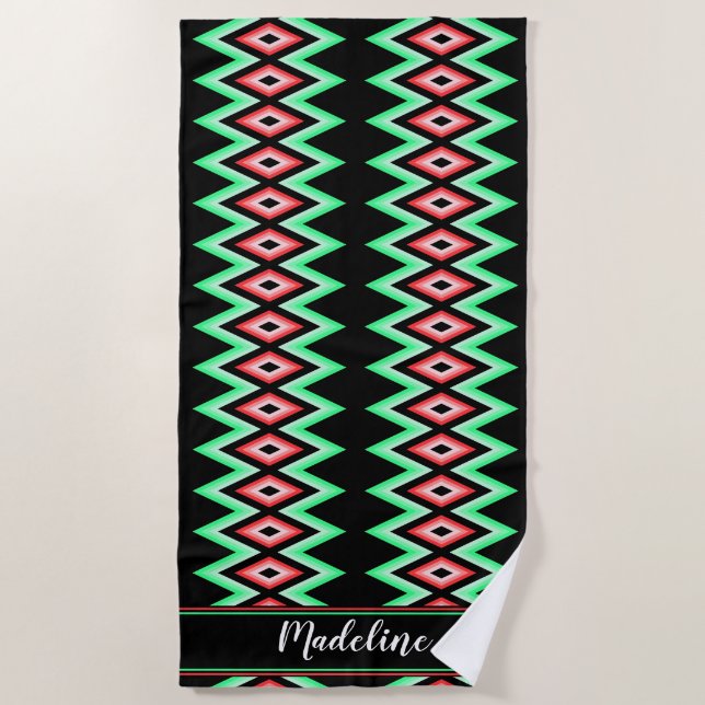 Zickzack Kalligraphiename Red Green Tropical Beach Strandtuch (Vorderseite)