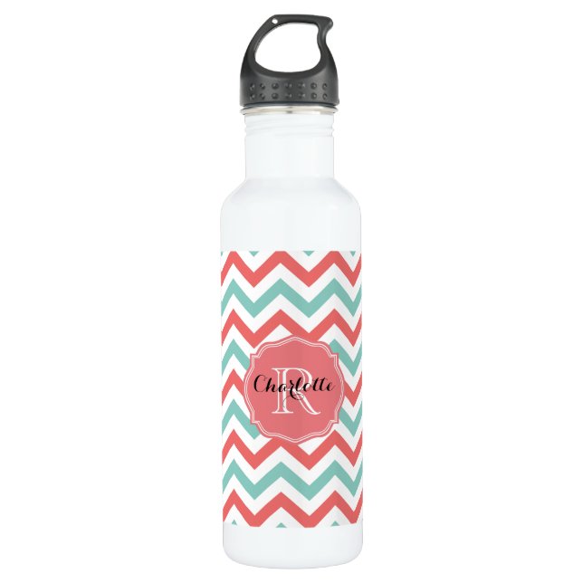 Zickzack Korallen-und Aqua-individueller Name Trinkflasche (Vorderseite)