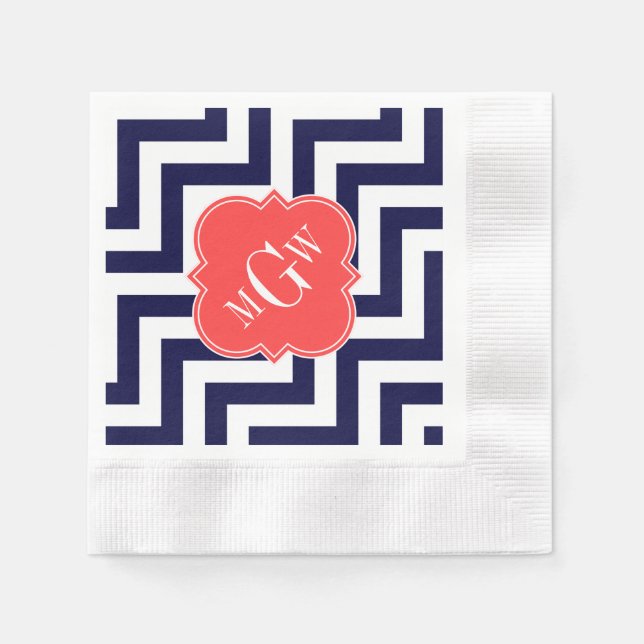 Zickzack Korallenrottquatrefolie 3 Monogramm Serviette (Vorderseite)