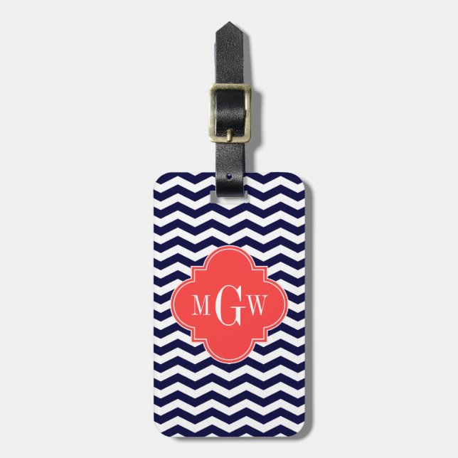 Zickzack Korallenrottquatrefolie 3 Monogramm Tn Gepäckanhänger (Vorderseite vertikal)