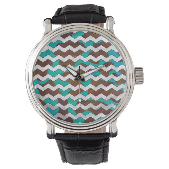Zickzack Kuh braun und Aquamarin Armbanduhr (Vorderseite)