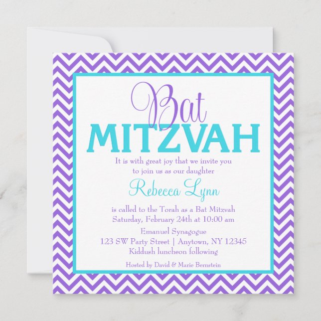 Zickzack Lila Aquamarines blaues Bat Mitzvah Einla Einladung (Vorderseite)