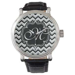 Zickzack, modernes Schwarz-Weiß-ZigZag Monogramm Armbanduhr