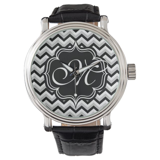 Zickzack, modernes Schwarz-Weiß-ZigZag Monogramm Armbanduhr (Vorderseite)