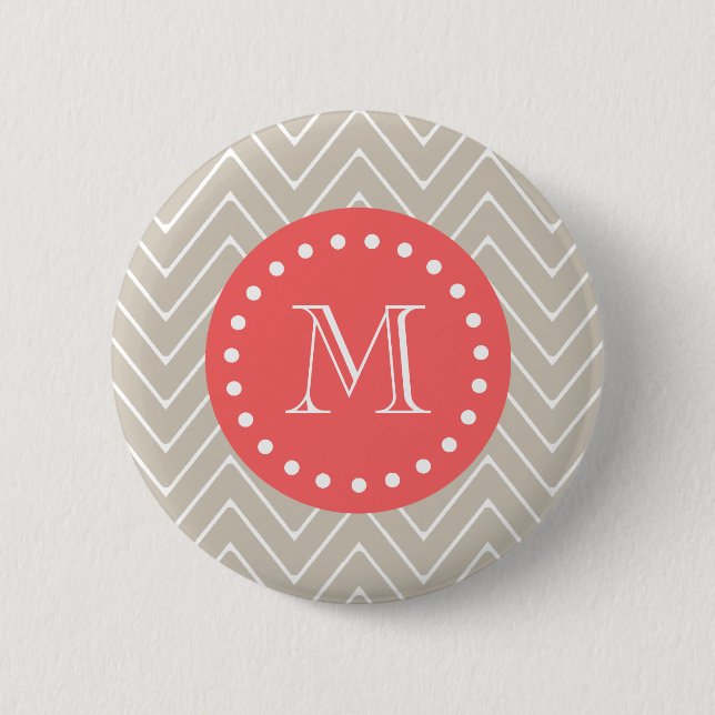 Zickzack Monogramm-Beige-Koralle des Muster-2A Button (Vorderseite)