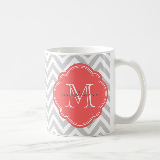 Zickzack Monogramm für Grau und Korallen Kaffeetasse (Rechts)