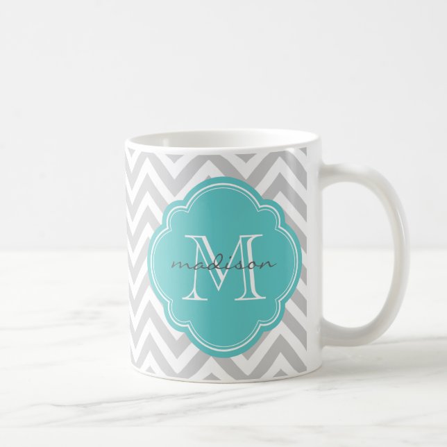 Zickzack Monogramm für Grau und Türkis Kaffeetasse (Rechts)