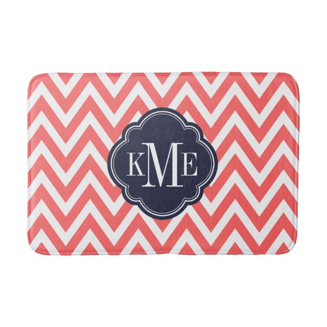 Zickzack Monogramm für Korallen und Navy Badematte (Vorderseite)
