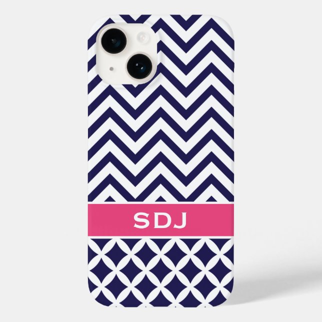 Zickzack Monogramm Navy Blue/Pink Case-Mate iPhone 14 Hülle (Rückseite)