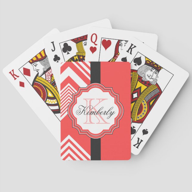 Zickzack Monogramm, rot und weiß Spielkarten (Rückseite)