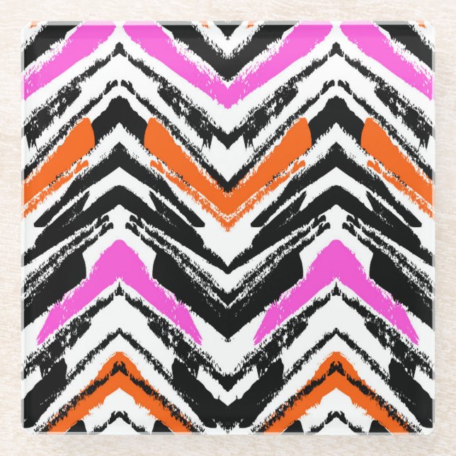 Zickzack Muster in Schwarz, Orange und Rosa Glasuntersetzer (Vorderseite)