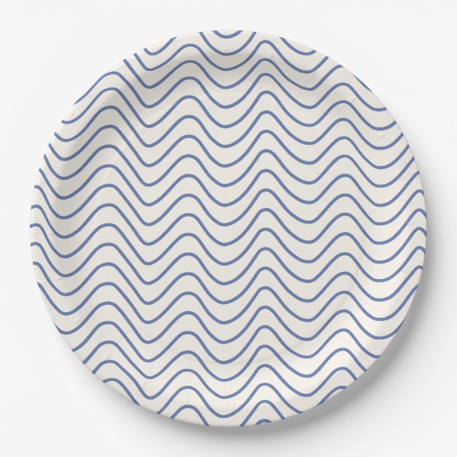 Zickzack Muster Minimale Linie Blau auf Creme Whit Pappteller (Vorderseite)