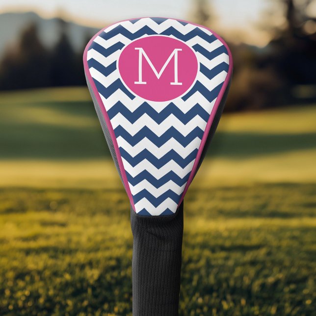 Zickzack Muster mit Monogram - Navy Hot Pink Golf Headcover (Personalized Golf Head Cover)
