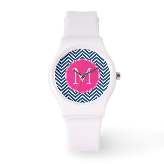 Zickzack Muster mit Monogram - Navy Magenta Armbanduhr (Vorderseite)