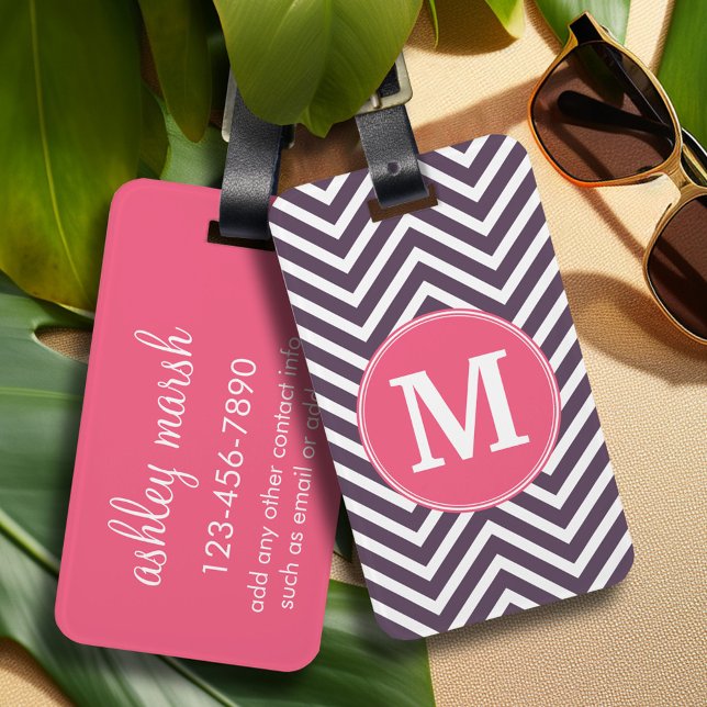 Zickzack Muster mit Monogramm - Rosa Lila Gepäckanhänger (Personalized luggage tag - vibrant colors and custom text)