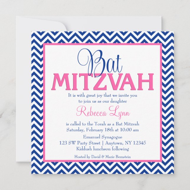 Zickzack Navy Blue Pink Bat Mitzvah Einladung (Vorderseite)