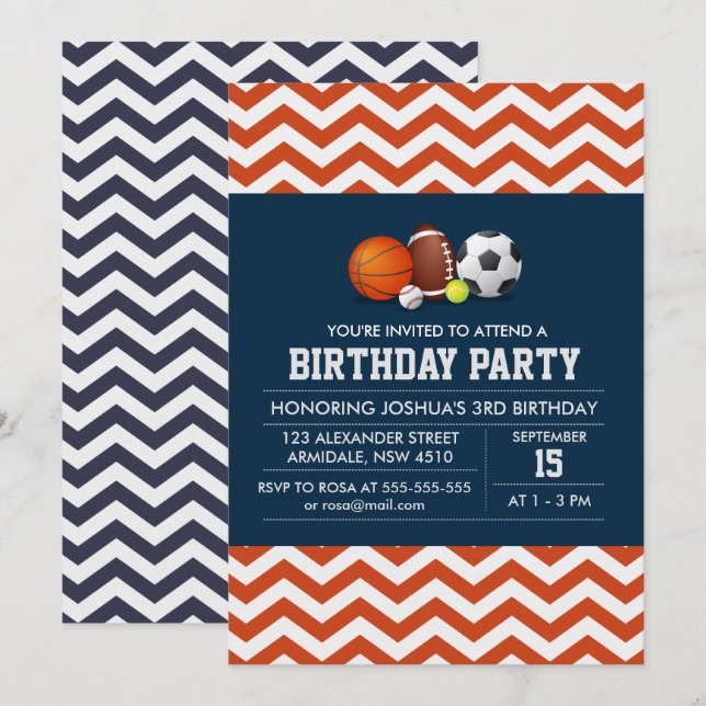Zickzack Party zum Thema Sport Einladung (Vorne/Hinten)