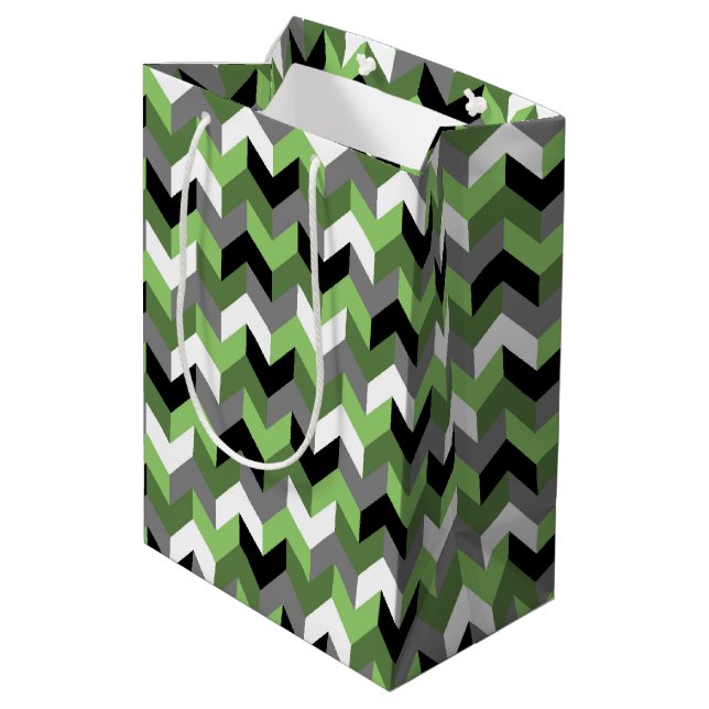 Zickzack Pfeil grün, weiß, grau und schwarz Mittlere Geschenktüte (Rückseite Schrägansicht)