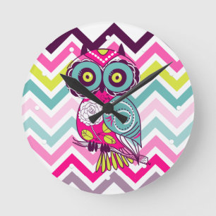 Zickzack Retro Groovy Owl Runde Wanduhr