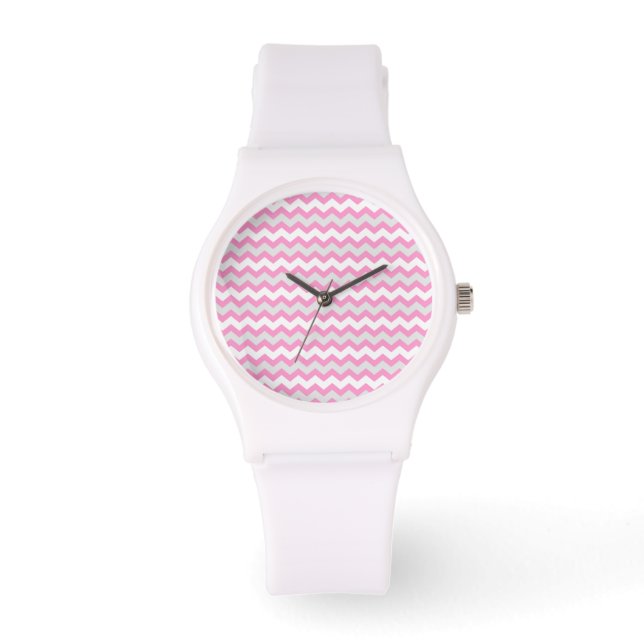 Zickzack rosa Weiß und Grau Zig Zag Muster Armbanduhr (Vorderseite)