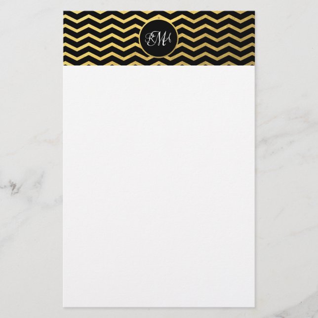 Zickzack Schwarz-Gold-Muster Triple Mit Monogramm Briefpapier (Vorderseite)