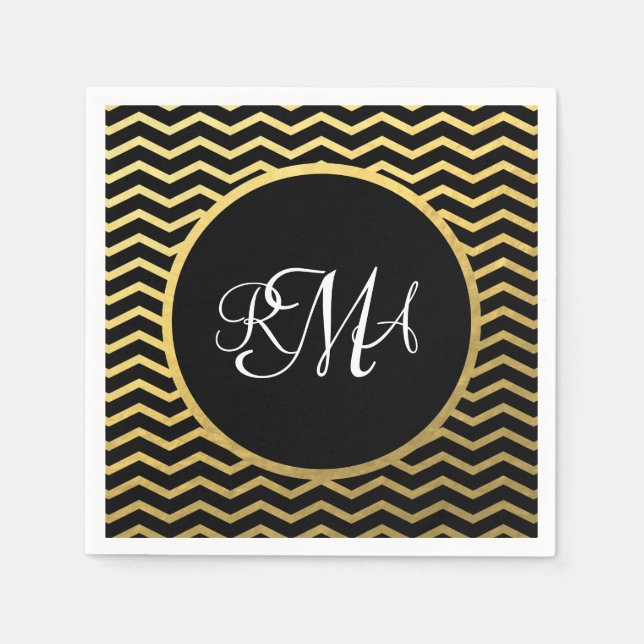 Zickzack Schwarz-Gold-Muster Triple Mit Monogramm Serviette (Vorderseite)