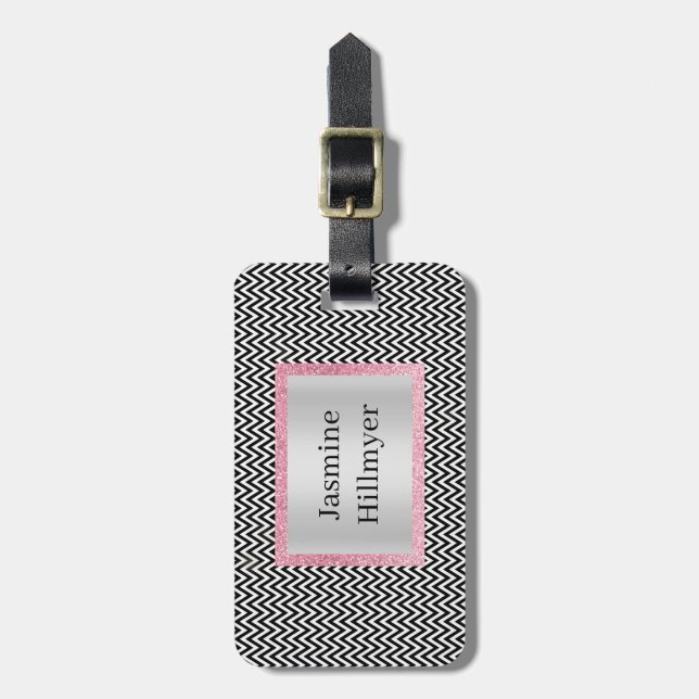 ZICKZACK SCHWARZ-WEISSER PINK GLITZER KUSTOM LUGGA GEPÄCKANHÄNGER (Vorderseite vertikal)